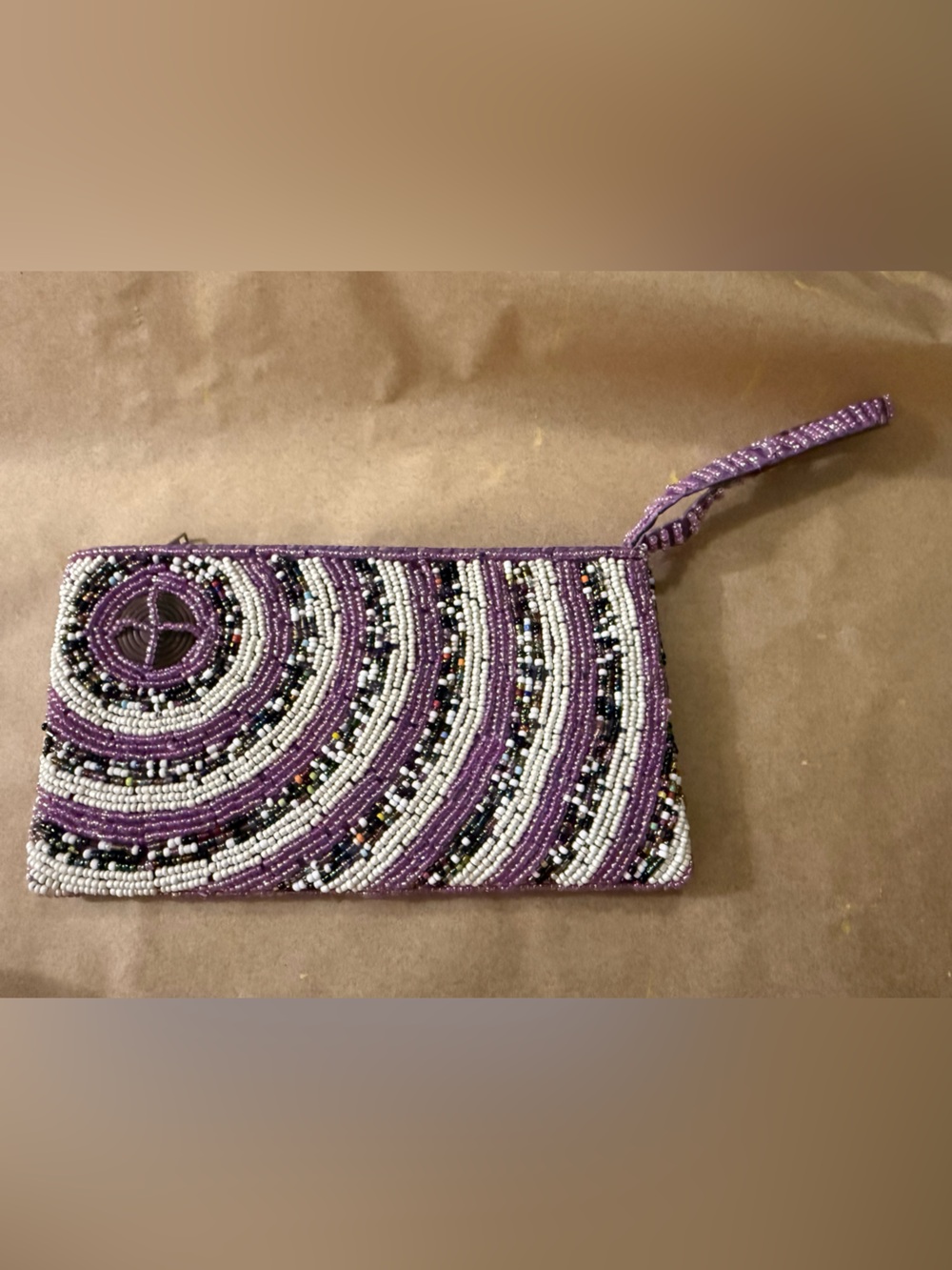 YOA Indonesia Hand Beaded Purple Seed Bead Wristlet Zip Pouch Boho Artisan